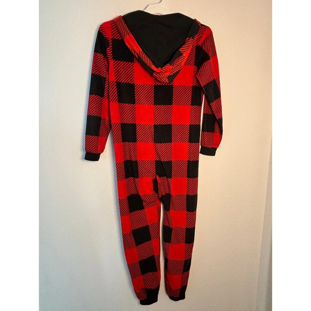 Cat & Jack Boys Red Black Buffalo Plaid Fleece Hooded‎ One Piece Pajamas Size 12
